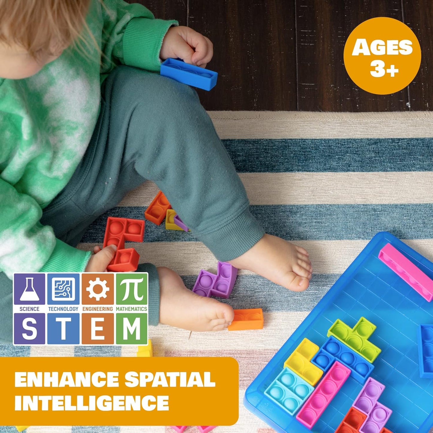 Power Your Fun Pop Puzzle Popper Fidget Game - 27pc Jigsaw Puzzle Game Pop Push It Bubble Sensory Fidget Toys for Learning, Stress Relief Silicone Pop Puzzle Game Board for Kids and Adults (Blue)