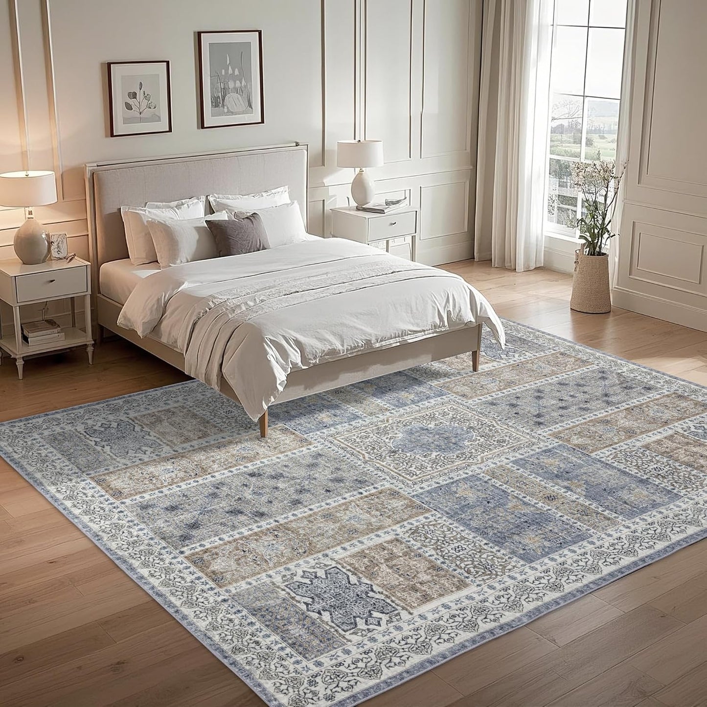 10x14 Area Rug Washable: Oriental Soft Area Rug for Living Room Bedroom No Shedding - Low Pile Thin Carpet Rug for Dining Room Non Slip - Boho Vintage Rug for Home Decor - Blue Grey