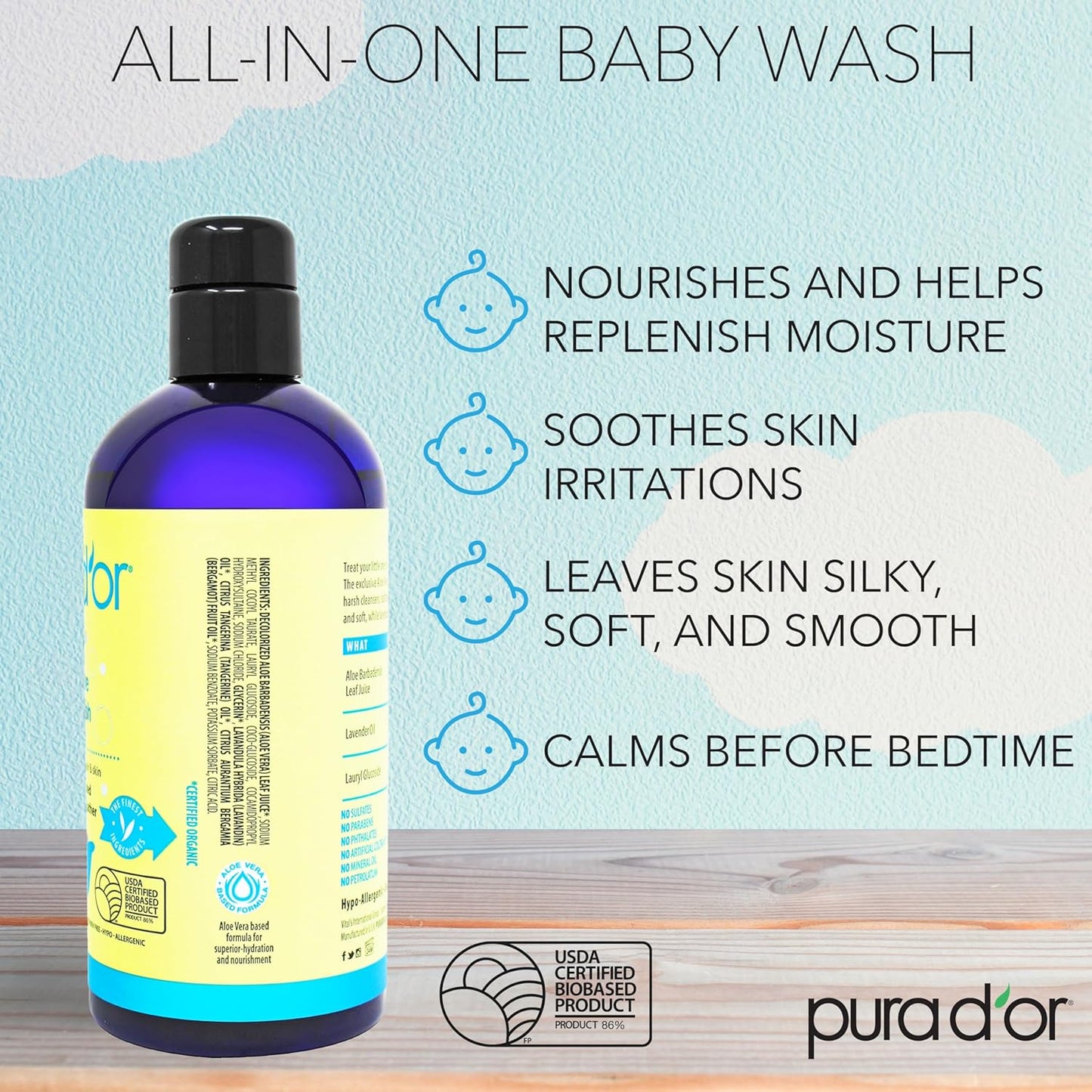 PURA D'OR All-in-One Baby Wash (16 Oz x3 = 48 Oz) USDA Biobased, Zero Sulfates, No Artificial Scents, Tear-Less, Hypoallergenic, Gentle, Calming 2-in-1 Baby Bath Wash & Shampoo