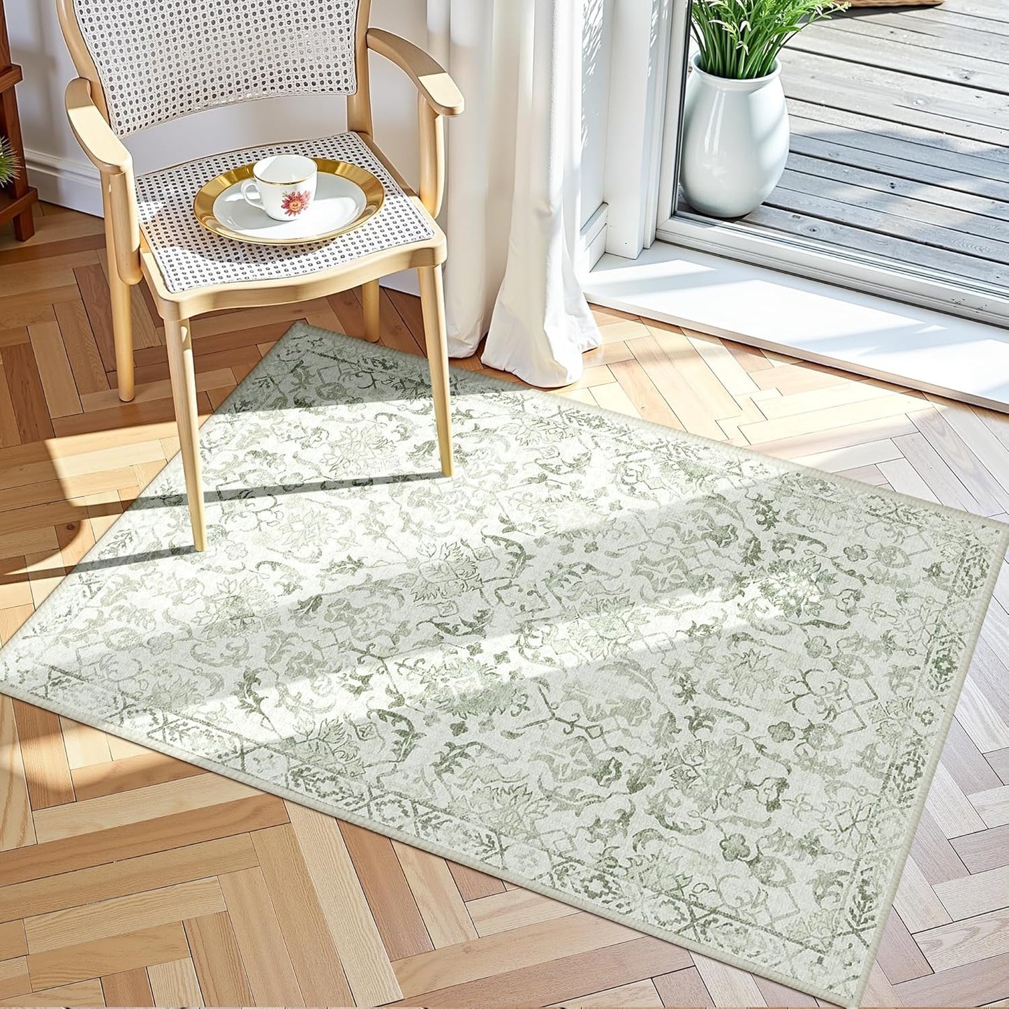 Sage Small Area Rug 2x3 Throw Rug for Entryway Bathroom Kitchen, Non-Slip Low-Pile Washable Distressed Modern Boho Floor Carpet for Laundry Room, Indoor Washstand Vanity Front Mat 24x36 Inch