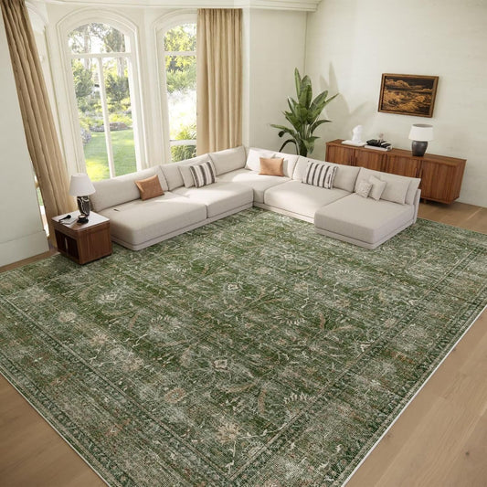 Washable 10x14 Area Rugs for Living Room, Boho Non-Slip Silicone Backing Rugs for Bedroom Dining Room Office, 0.3" Neutral Oriental Throw Carpet with 0.16" Cushioning Pad, Grass Green/Multi