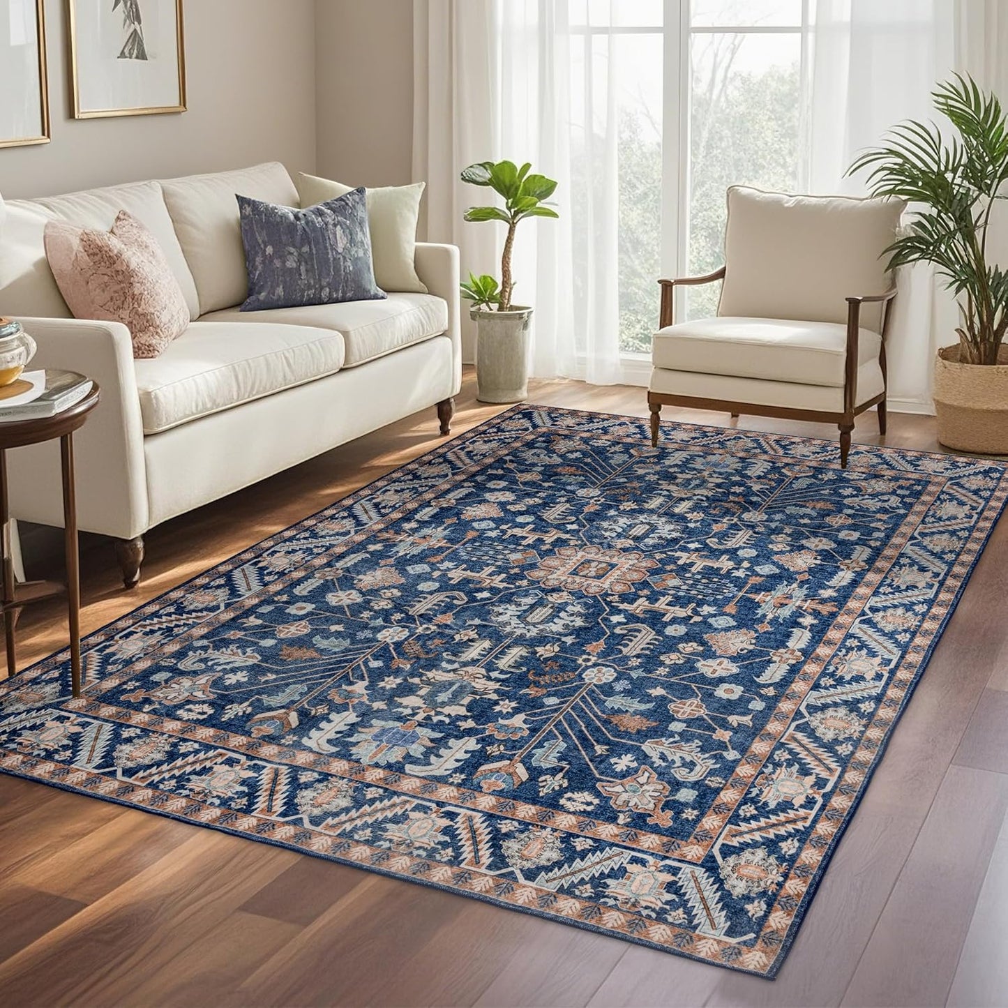 5x8 Area Rug Washable: Oriental Soft Area Rug for Living Room Bedroom No Shedding - Low Pile Thin Carpet Rug for Dining Room Non Slip - Boho Vintage Rug for Home Decor - Navy Blue