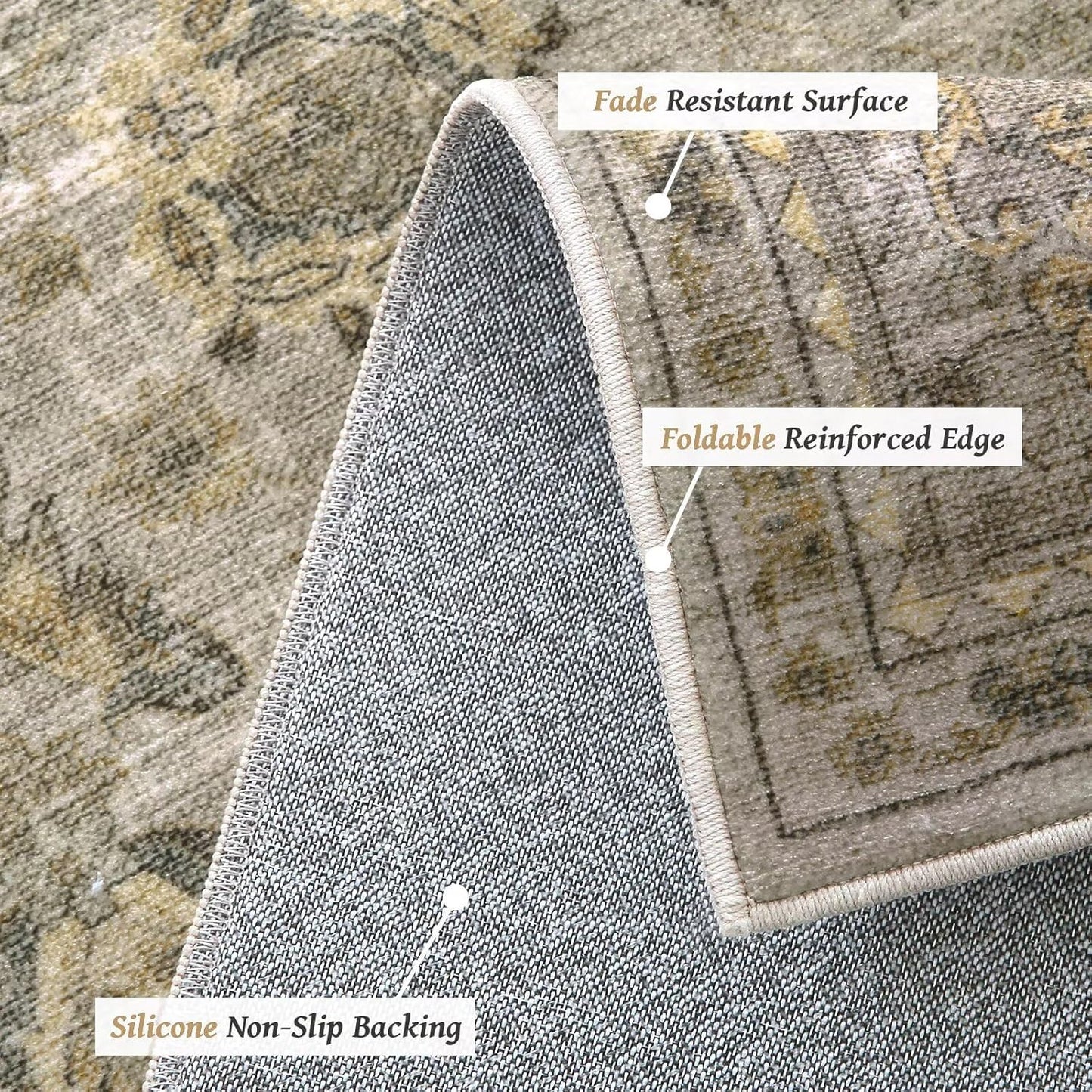 Washable 6x9 Area Rugs for Living Room, BoHo Non-slip Silicone Backing Large Rug for Bedroom Dining Room Nursery Office, 0.3" Neutral Oriental Throw Carpet with 0.16" Cushioning Pad, Light Brown/Multi