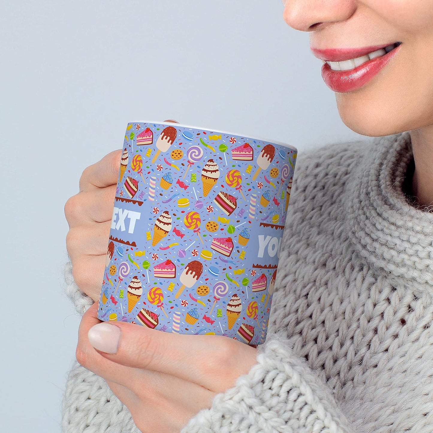 Personalized Mug for Kids - Sweets - Custom Name/Text, Ceramic Hot Chocolate/Cocoa/Coffee Cup for Boys/Girls, Birthday/Christmas/Holiday Gift - 15 oz, Pink Handle