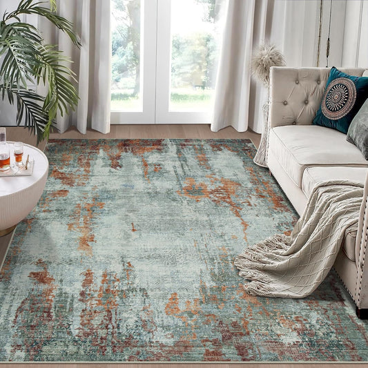 4x6 Area Rugs for Living Room Rug Washable: Modern Large Rug for Dining Room Bedroom Carpet Non Slip Low Pile 4 by 6 Indoor Abstract Nursery Home Office Red Brown