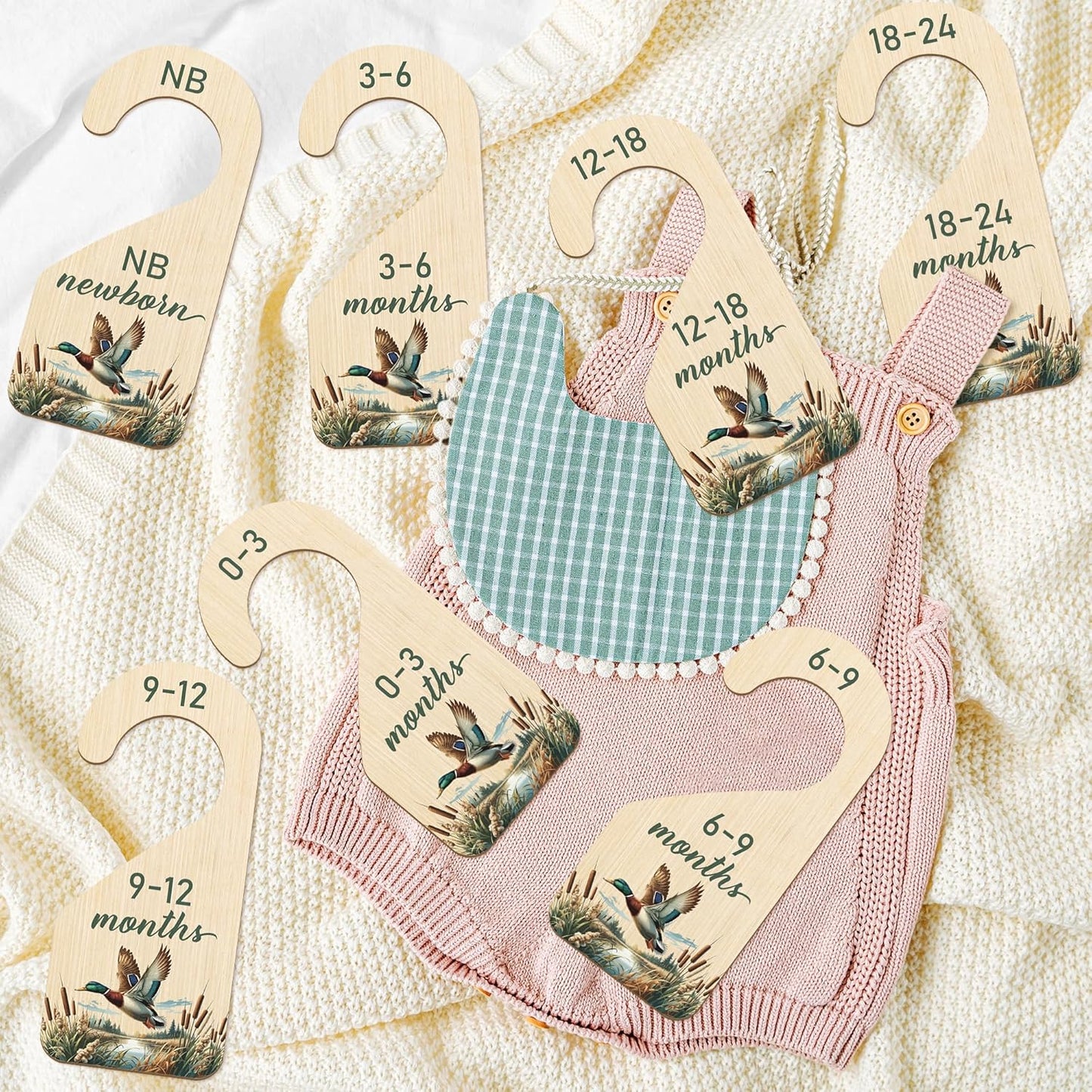 R HORSE Wooden Baby Closet Dividers - 8Pcs Mallard Duck Baby Closet Organizer Double-Sided Newborn Clothes Size Hanger Dividers Nursery Decor Birthday Gift for Boy Girl (0-24 Months)