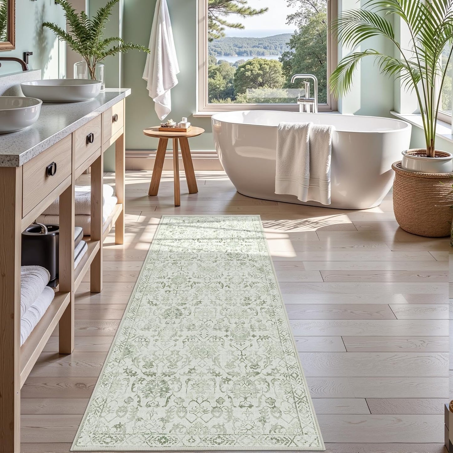 Sage 3x7 Runner Rug for Hallways Bed Side Kitchen, Boho Washable Distressed Low-Pile Floor Entryway Long Bathroom Mat, Non-Slip Laundry Room Washstand Front Carpet Green 36x84 Inch