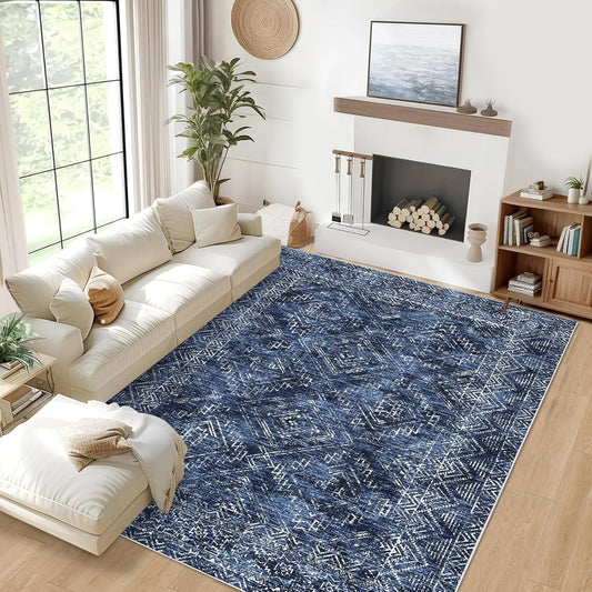 COZYLOOM Living Room Rug 9x12 Machine Washable Area Rugs Modern Abstract Floor Cover Non Slip Low Pile Geometric Mats Stain Resistant Foldable Carpet for Dining Room Bedroom, Blue