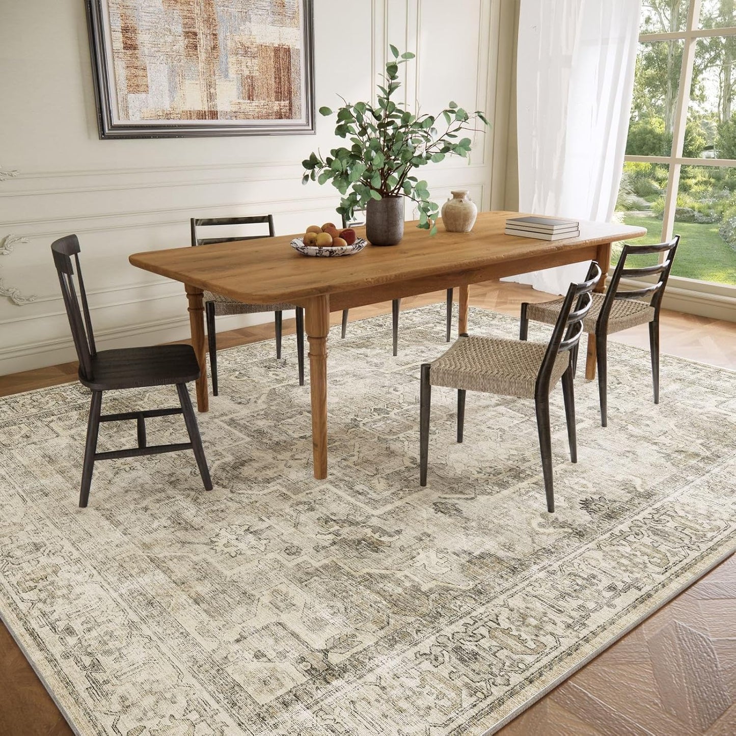 Washable Area Rugs for Living Room: 9x12 Bedroom Area Rugs Boho Vintage Rugs Stain Resistant Non Slip Low Pile Soft Lightweight Carpet for Kitchen Dining Room Farmhouse Nursery Kids Room Home Office