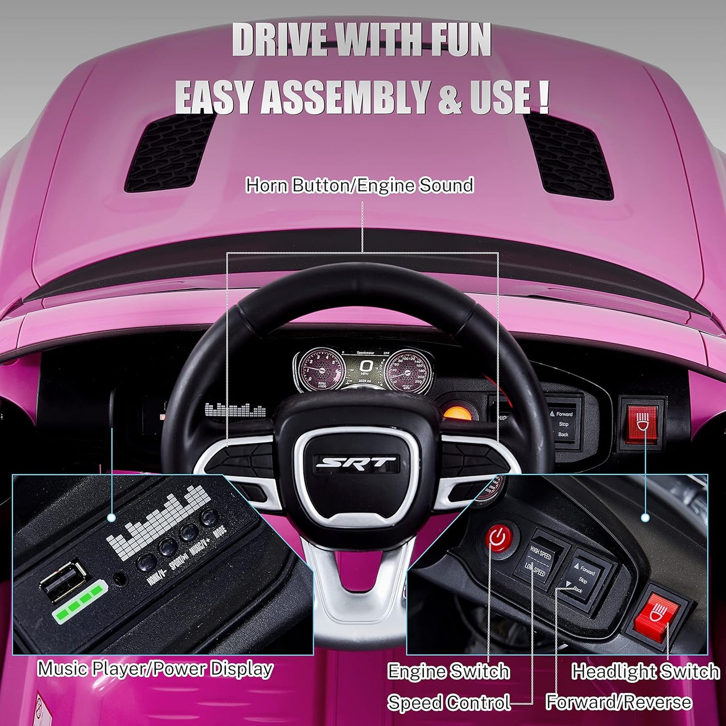12V 7Ah Kids Electric Ride on Car, Licensed Dodge Charger SRT Hellcat, Battery Powered 4-Wheels Toy Car Electric Vehicle for Kids with Remote Control, 3 Speeds, LED Lights, Music (Pink)