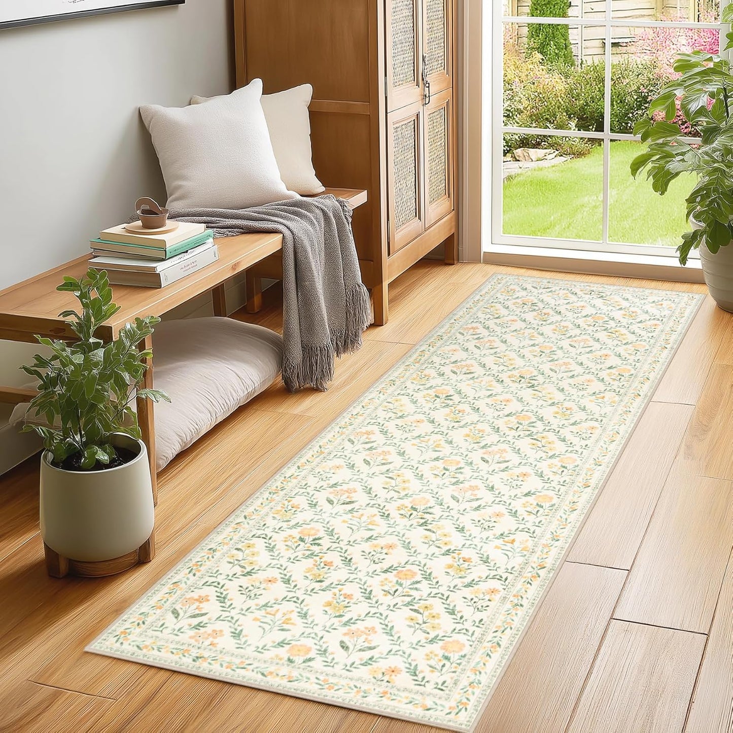 Runner Rug for Entryway: 2x10 Kitchen Rugs Non Slip Washable Ultra-Thin Soft Floral Carpet Indoor Floor Stain Resistant Carpets for Hallway Bedroom Kitchen Laundry Bathroom Dorm Beige/Multi