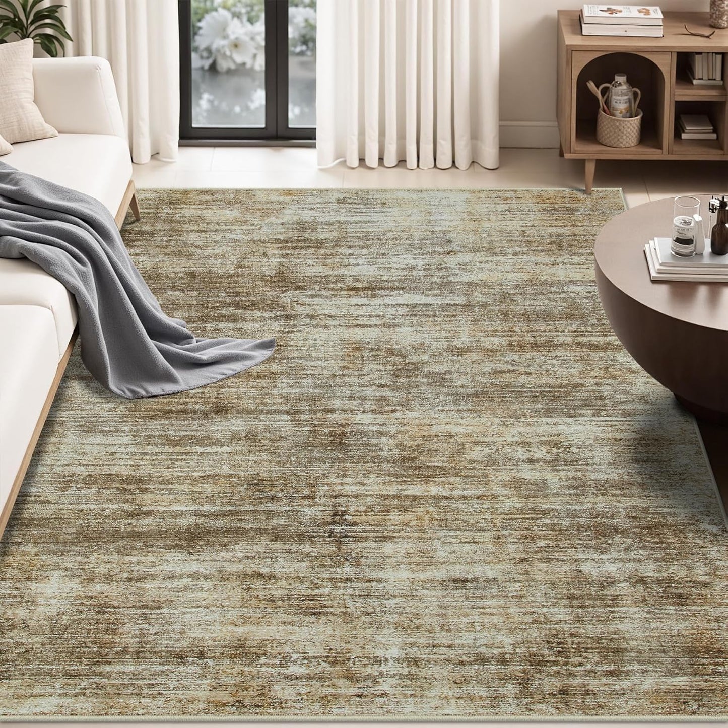 Washable Rug 6x9 Area Rugs, Abstract Large Living Room Rugs with Non-Slip Backing, Thin Carpet for Dorm Dining Room Table Nursery Indoor Home Office-Brown