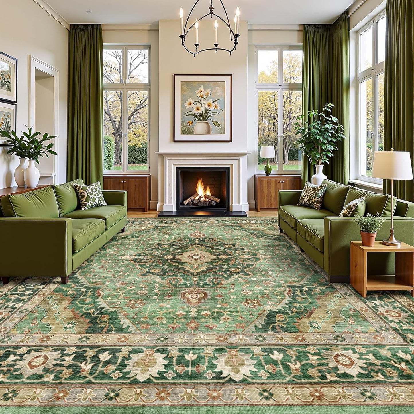 10x12 Green Rugs for Living Room Bedroom, Washable Area Rugs Non Slip Large Rug for Dining Room Office, Floor Decoration Vintage Boho Big Rug Carpet Low-Pile Kid & Pet Friendly