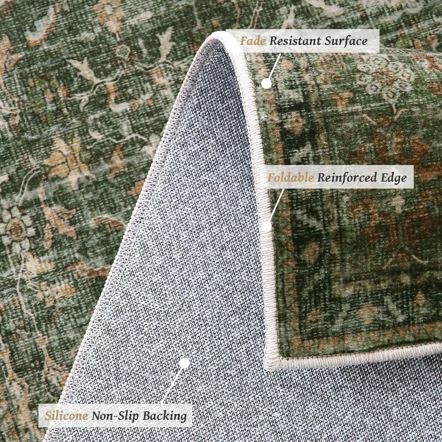 Washable 10x14 Area Rugs for Living Room, Boho Non-Slip Silicone Backing Rugs for Bedroom Dining Room Office, 0.3" Neutral Oriental Throw Carpet with 0.16" Cushioning Pad, Grass Green/Multi