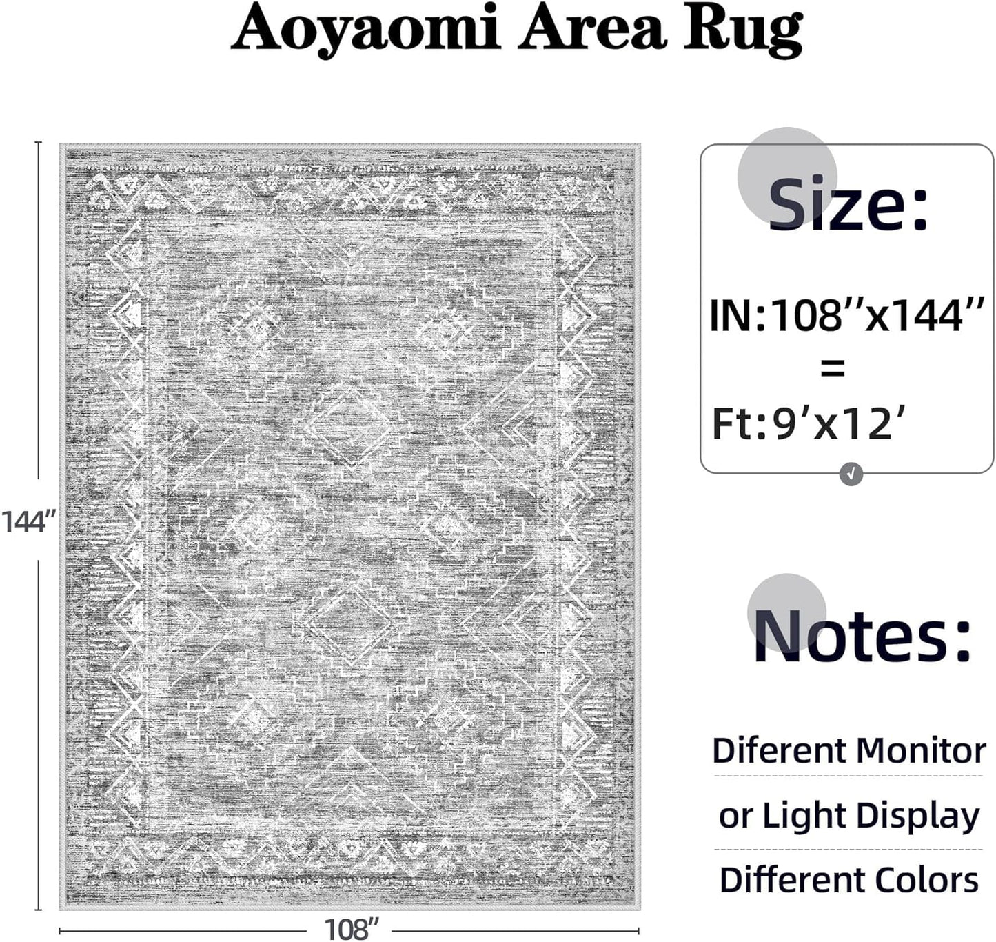 Large Living Room Area Rug 9x12 - Machine Washable Vintage Boho Moroccan Rugs Geometric Neutral Rug Non-Shedding Low Pile Distressed Farmhouse Carpet for Bedroom Nursery Classroom Dorm (9 x 12, Grey)