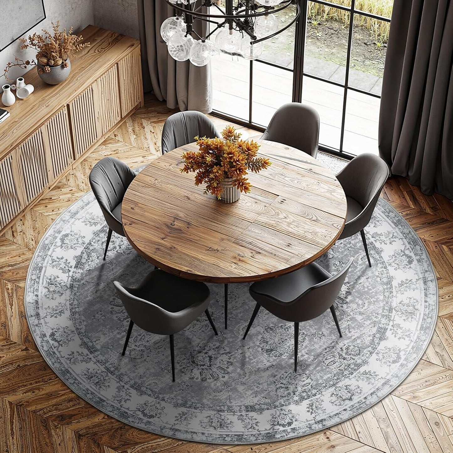 jinchan Round Rug 8ft Area Rug - Grey Vintage Floor Mat Kitchen Indoor Ultra-Thin Soft Floral Print - Washable Circle 8' Retro Accent for Farmhouse Non Slip Dining Room Living Room Bedroom Office