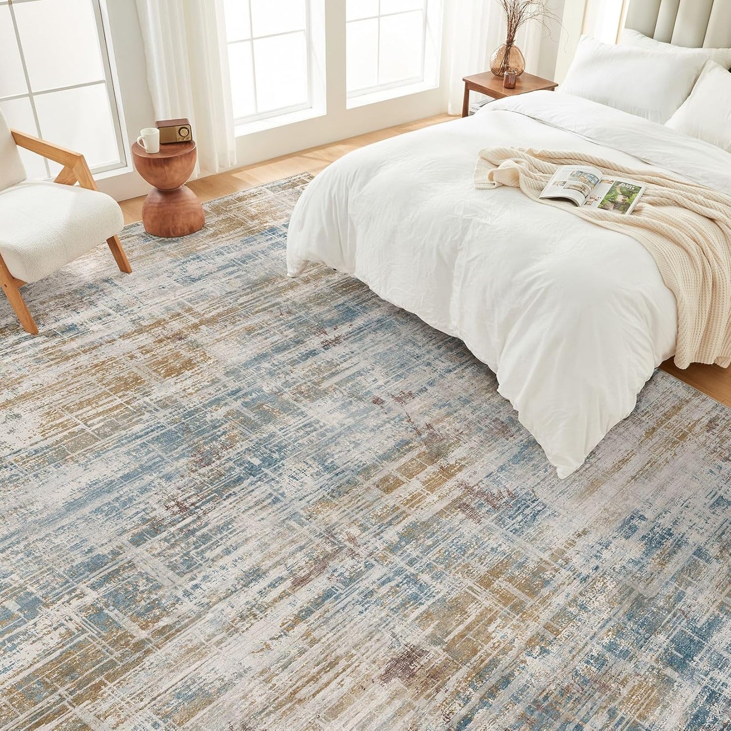 Area Rug for Living Room: 8x10 Washable Neutral Abstract Modern Soft Rugs Non Slip Indoor Floor Stain Resistant Large Carpet for Bedroom Dining Room Office Nursery - Blue Brown