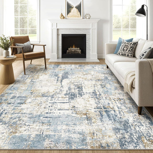 7x10 Area Rugs Washable Rug: Living Room Large Abstract Modern Soft Stain Resistant Indoor Floor Non Slip Accent Carpet for Bedroom Nursery Playroom Office Dining Room Dorm Home House- Blue