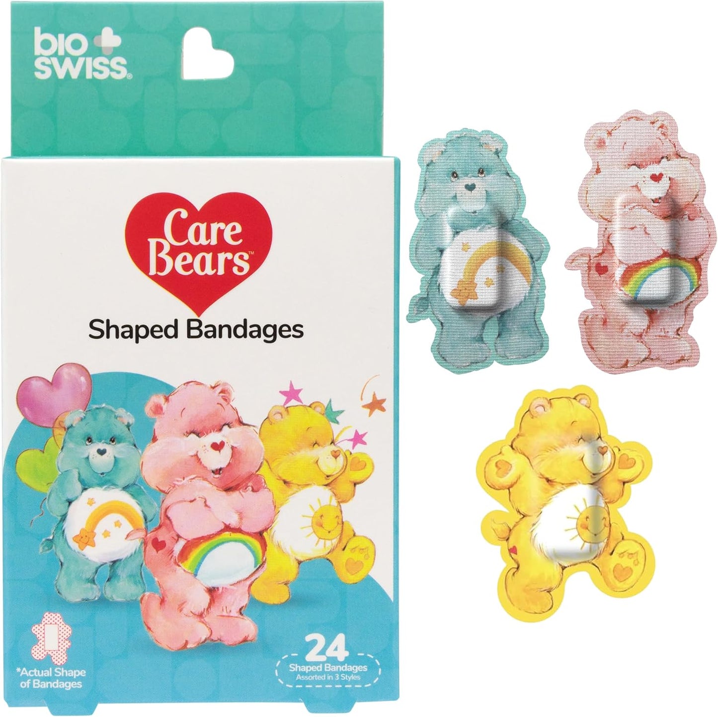 BioSwiss Care Bears Bandages, Classic Care Bear Shaped Self Adhesive Bandage, Latex Free Sterile Wound Care, Fun First Aid Kit Supplies for Kids, 24 Count