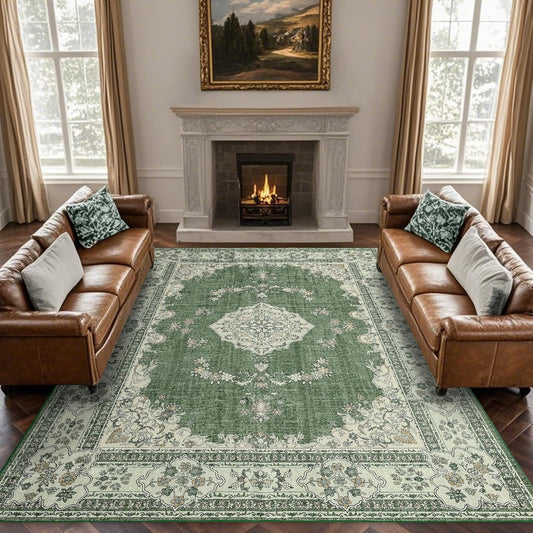 8x10 Area Rugs Washable: Oriental Soft Area Rug for Living Room Bedroom No Shedding - Low Pile Thin Carpet Rug for Dining Room Non Slip - Boho Vintage Rug for Home Decor - Olive Green