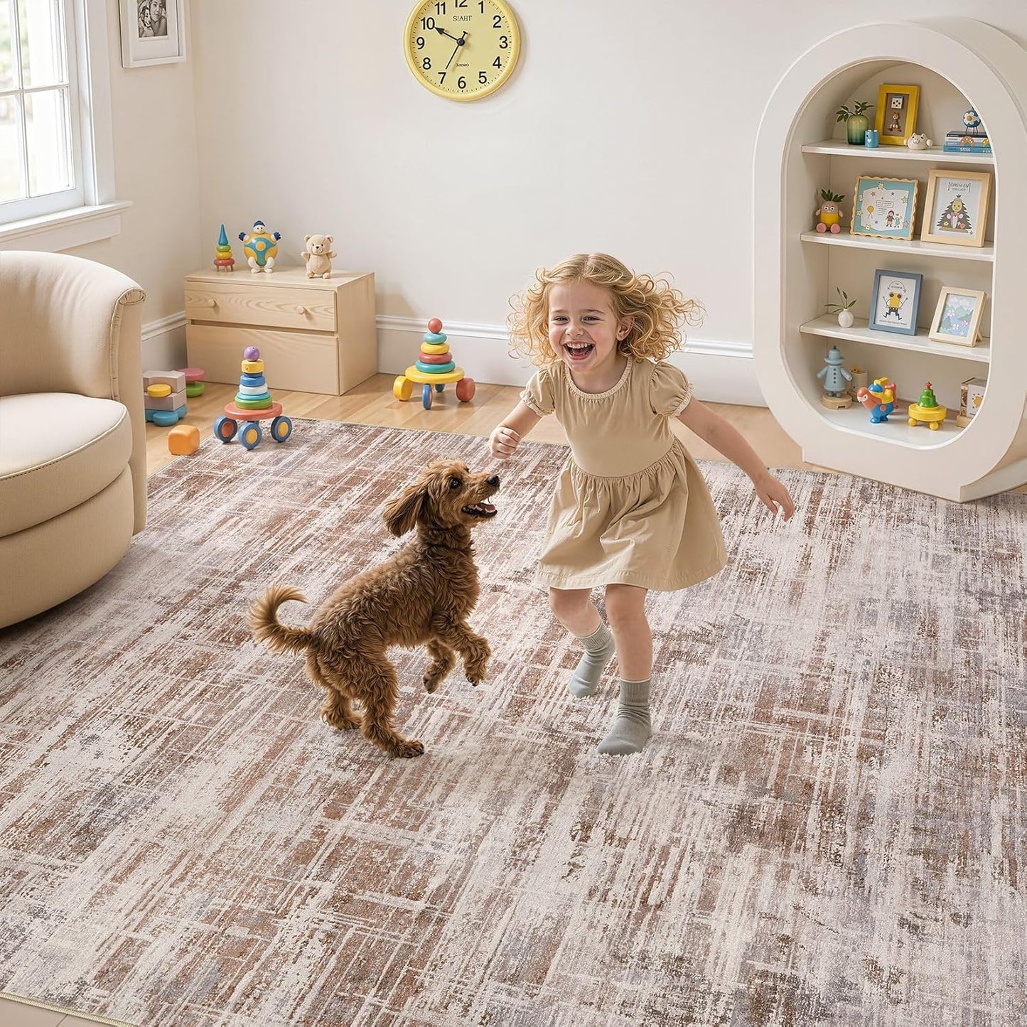 Area Rug for Living Room: 10x14 Washable Neutral Abstract Modern Soft Rugs Non Slip Indoor Floor Stain Resistant Large Carpet for Bedroom Dining Room Office Nursery - Red Brown