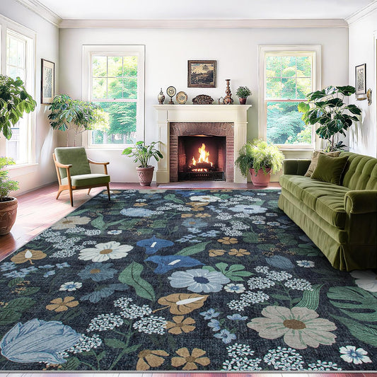 Area Rug Living Room Rugs: 6x9 Washable Rug Vintage Floral Soft Boho Non Slip Carpet Indoor Floor Non Shedding Low Pile Thin Carpets for Bedroom Dining Room Farmhouse Nursery Home Office Blue