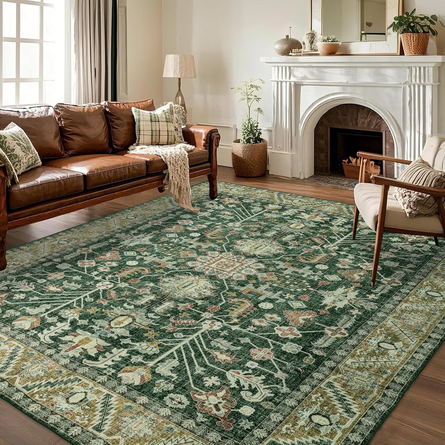 8x10 Area Rugs Washable: Oriental Soft Area Rug for Living Room Bedroom No Shedding - Low Pile Thin Carpet Rug for Dining Room Non Slip - Boho Vintage Rug for Home Decor - Retro Forest Green