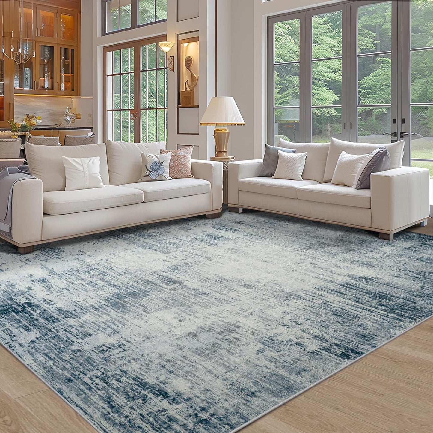 Area Rug 9x12 Washable Rugs: Abstract Large Living Room Rugs with Non-Slip Backing, Stain Resistant Indoor Floor Carpet for Bedroom Dining Room Table Nursery Hallway Home Office-Blue/Ivory