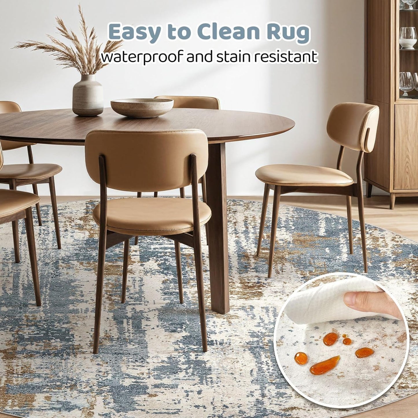 Round Rug Living Room Rugs: 10Ft Washable Circle Large Abstract Modern Soft Stain Resistant Non Slip Indoor Floor Carpet for Bedroom Nursery Office Dining Room Dorm Home House Decor- Tan Blue