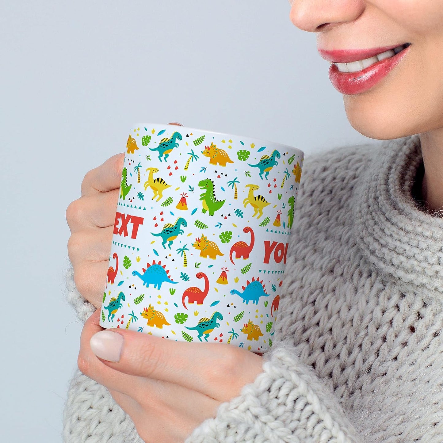 Personalized Mug for Kids - Dinosaurs - Custom Name/Text, Ceramic Hot Chocolate/Cocoa/Coffee Cup for Boys/Girls, Birthday/Christmas/Holiday Gift - 15 oz, White Handle