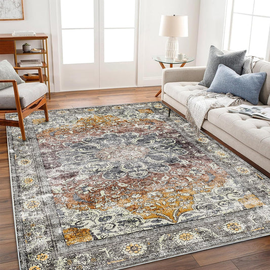 Area Rug 10x14 Washable Taupe Vintage Traditional Mat Distressed Indoor Foldable Thin Rug Retro Accent Floral Non Slip Carpet for Living Room Dining Room Office