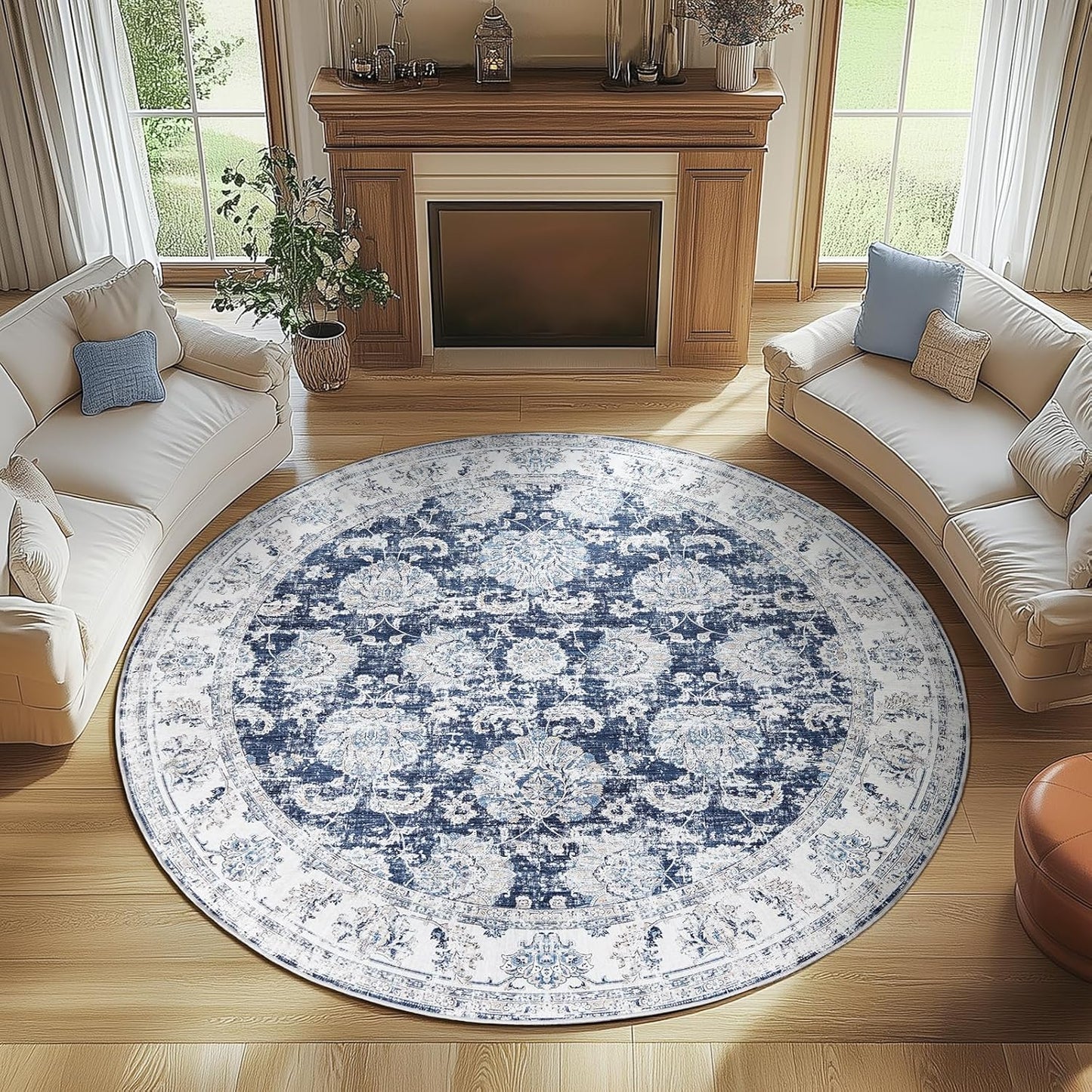 jinchan Round Rug 7ft Area Rugs Vintage Floral Distressed Design Machine Washable Non-Slip Low-Pile Ultra-Thin Circle Rug for Living Room Dining Room Bedroom Home Office Farmhouse (7' Round,Dark Blue)
