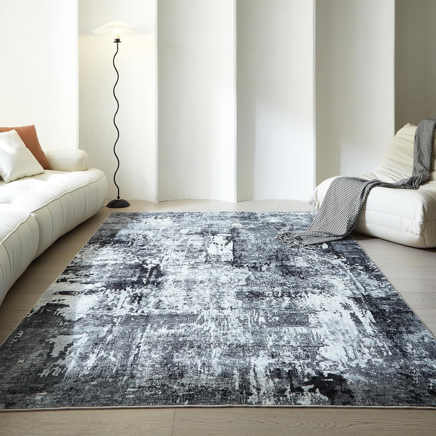 6x9 Rug Washable Bedroom Rug Large Soft Area Rug Abstract Pattern Non-Slip Faux Wool Vintage Rug for Living Room, Farmhouse, Dining Room, Kids Playroom, Grey and Black