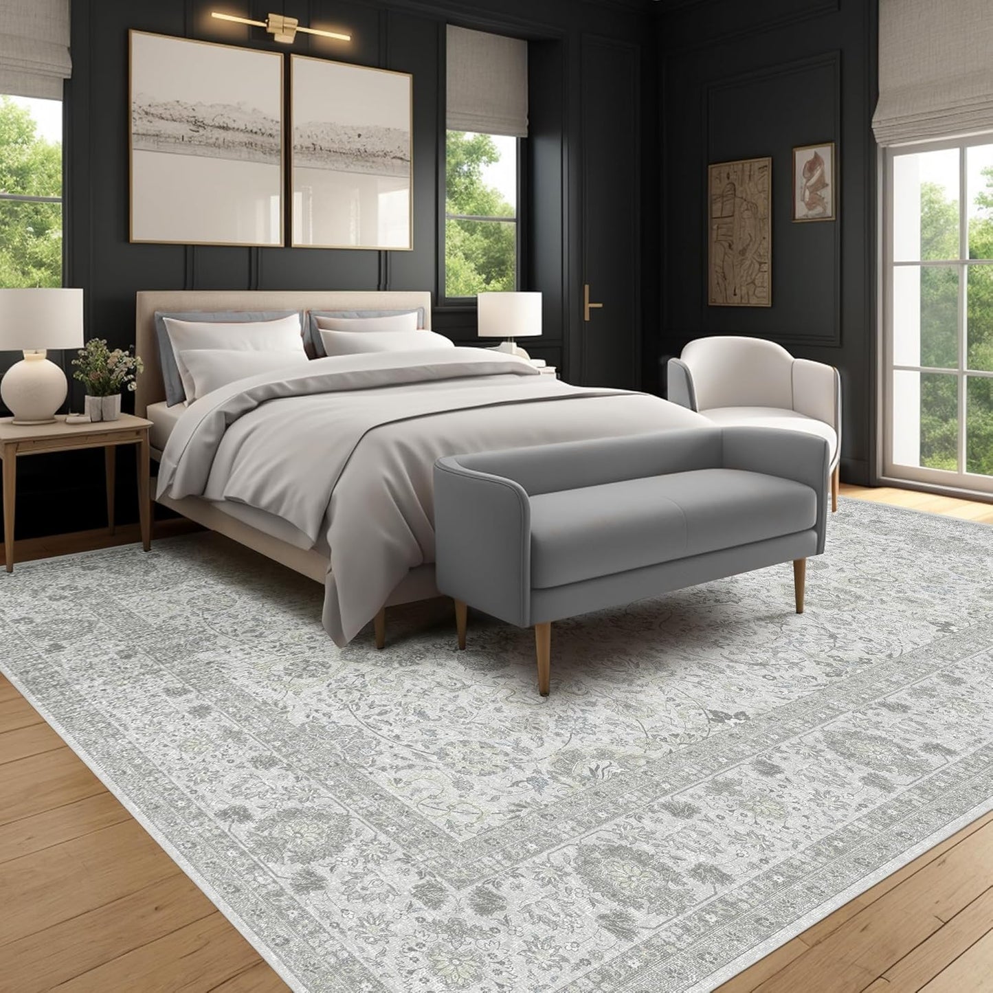 Neutral Area Rugs 8x10 for Living Room Vintage Rug Boho Floral Modern Washable Area Rug with Non-Slip Backing Large Carpet for Bedroom Dining Room Light Grey