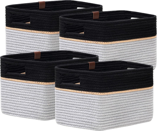 UBBCARE 4 Pack Baskets for Organizing, Woven Storage Baskets with Label for Toys and Towel, Rectangle Cotton Rope Basket with Handles, 15''L x10''W x9''H, Black&Grey