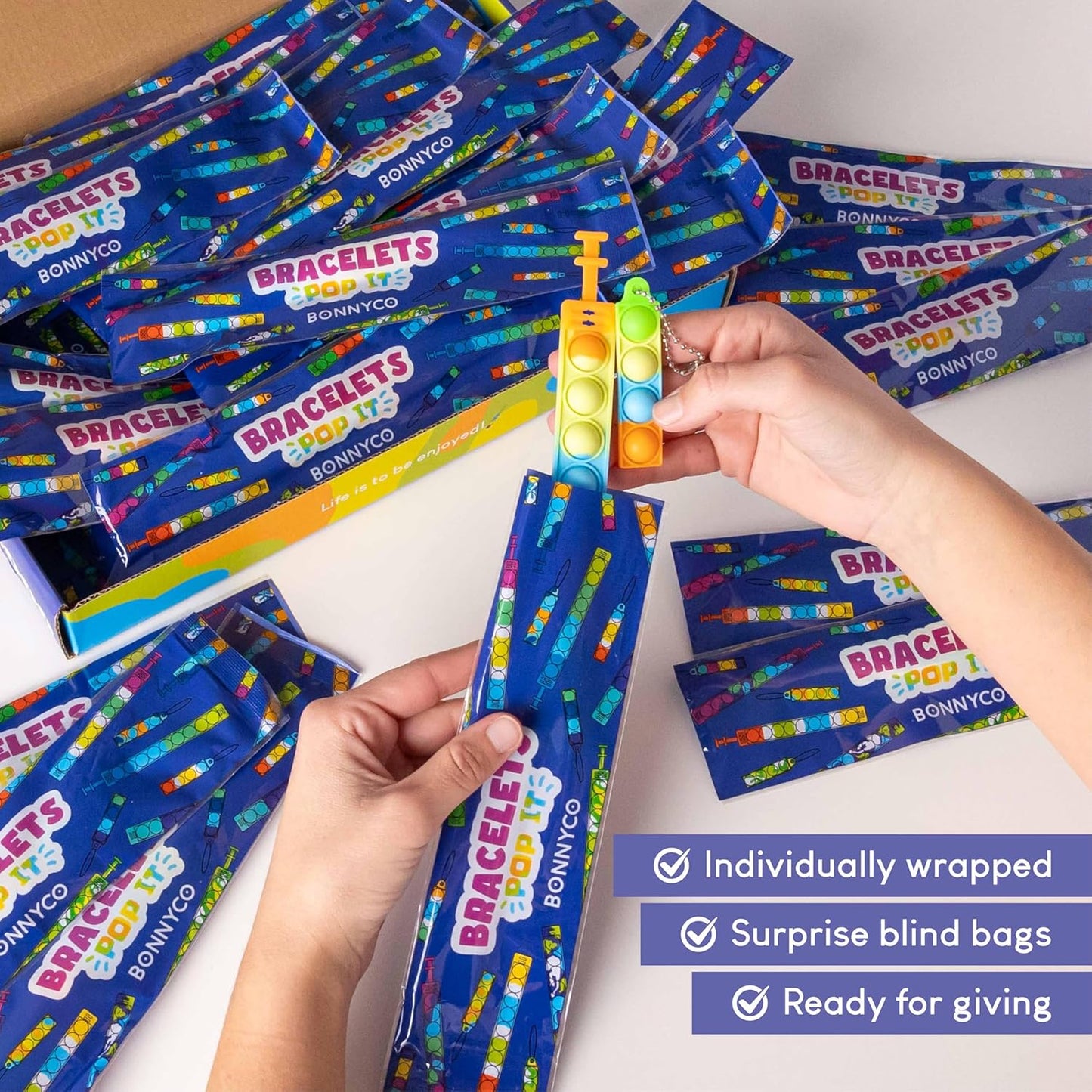 Pop It Bracelets and Keychains Kids Party Favors Pack 30 - BONNYCO | Goodie Bags Stuffers For Kids Fidget Toys Bulk, Birthday Party Favors for Kids Pinata Stuffers, Goody Bag Stuffers for Kids Pop Its