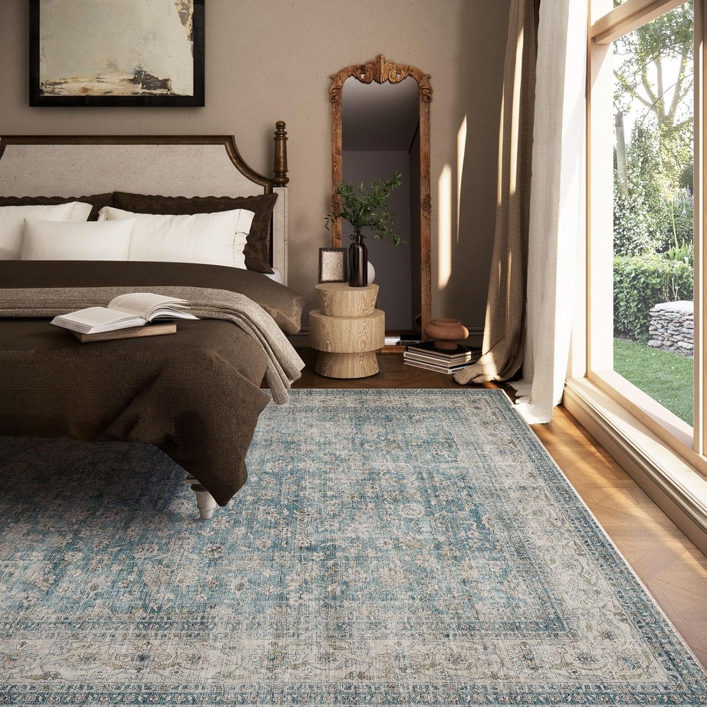 Machine Washable Living Room Rug: 6x9 Area Rugs for Bedroom Vintage Stain Resistant Non Slip Low Pile Lightweight Boho Carpet for Kitchen Dining Room Farmhouse Kids Room Nursery