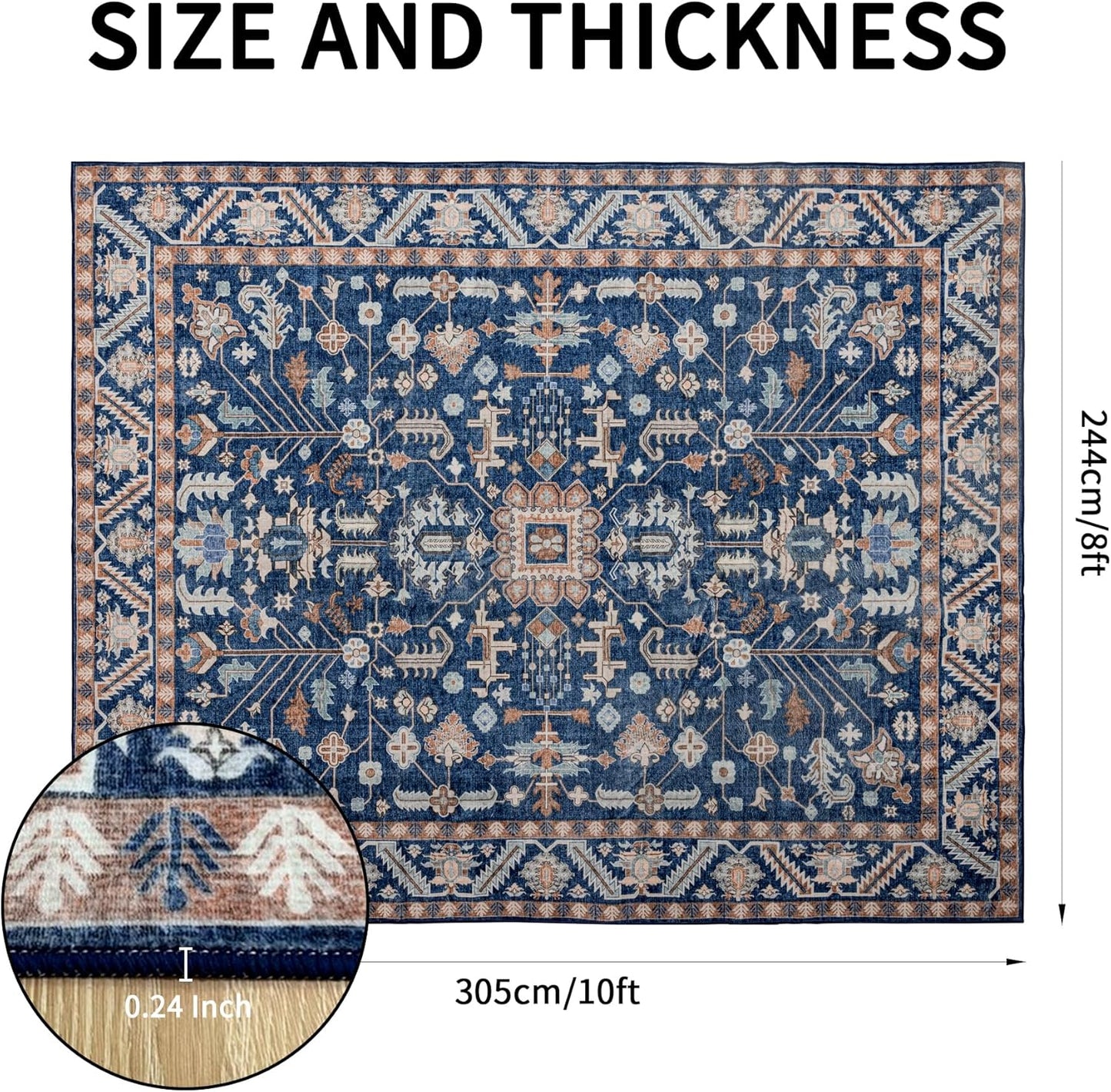 8x10 Area Rugs Washable: Oriental Soft Area Rug for Living Room Bedroom No Shedding - Low Pile Thin Carpet Rug for Dining Room Non Slip - Boho Vintage Rug for Home Decor - Navy Blue