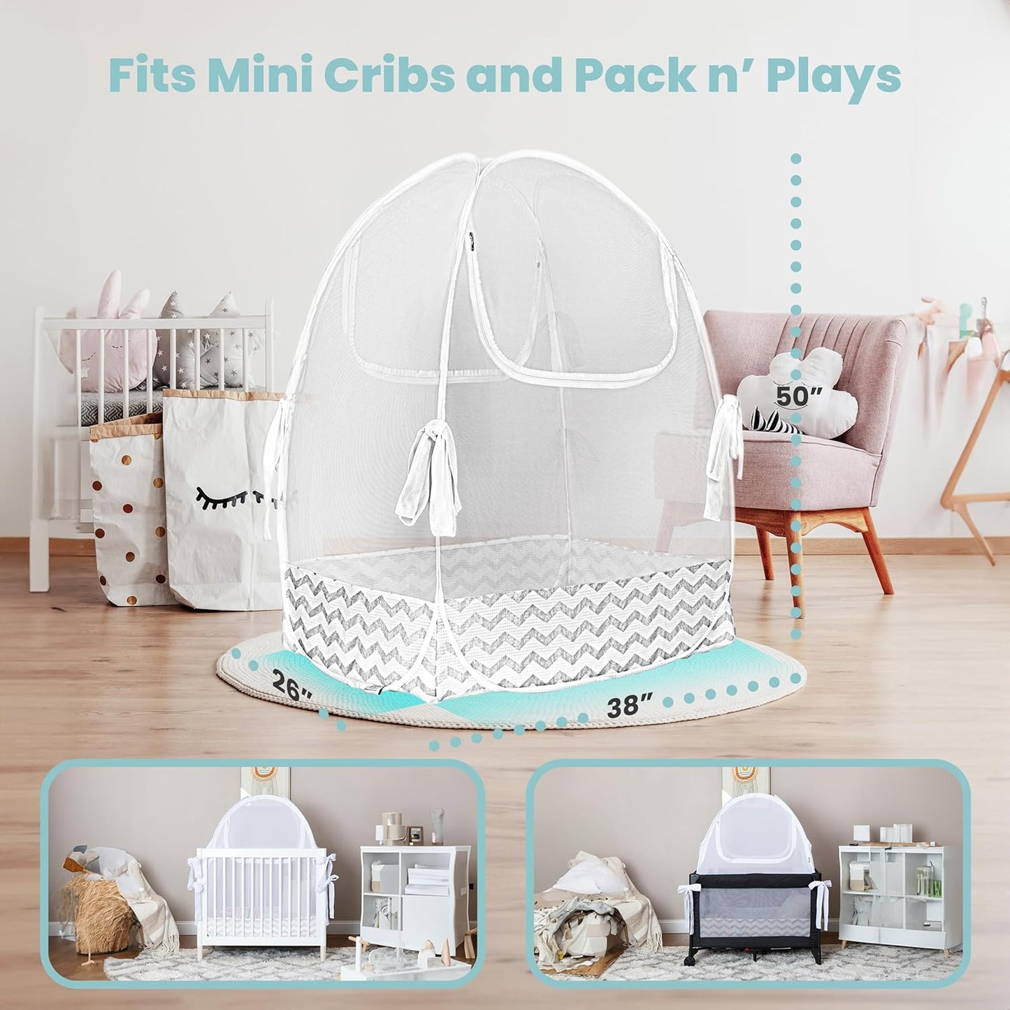 Premium Pack n Play Tent, Mini Crib Tent to Keep Baby from Climbing Out, Auto Pop Up Pack and Play Tent with Auto-Lock Zippers, Thick Velvety Breathable Mesh (Gray Chevron)