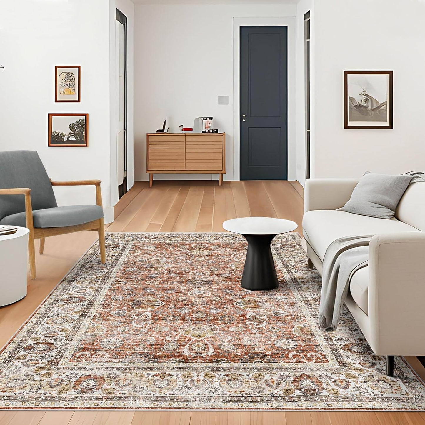 Large 5x8 Area Rugs for Dining Room Machine Washable Rugs Boho 5x8 Rug for Living Room Carpet Non-Slip Family & Pet Friendly Area Rugs Print Floor Rug(Brick Red 5x8ft)