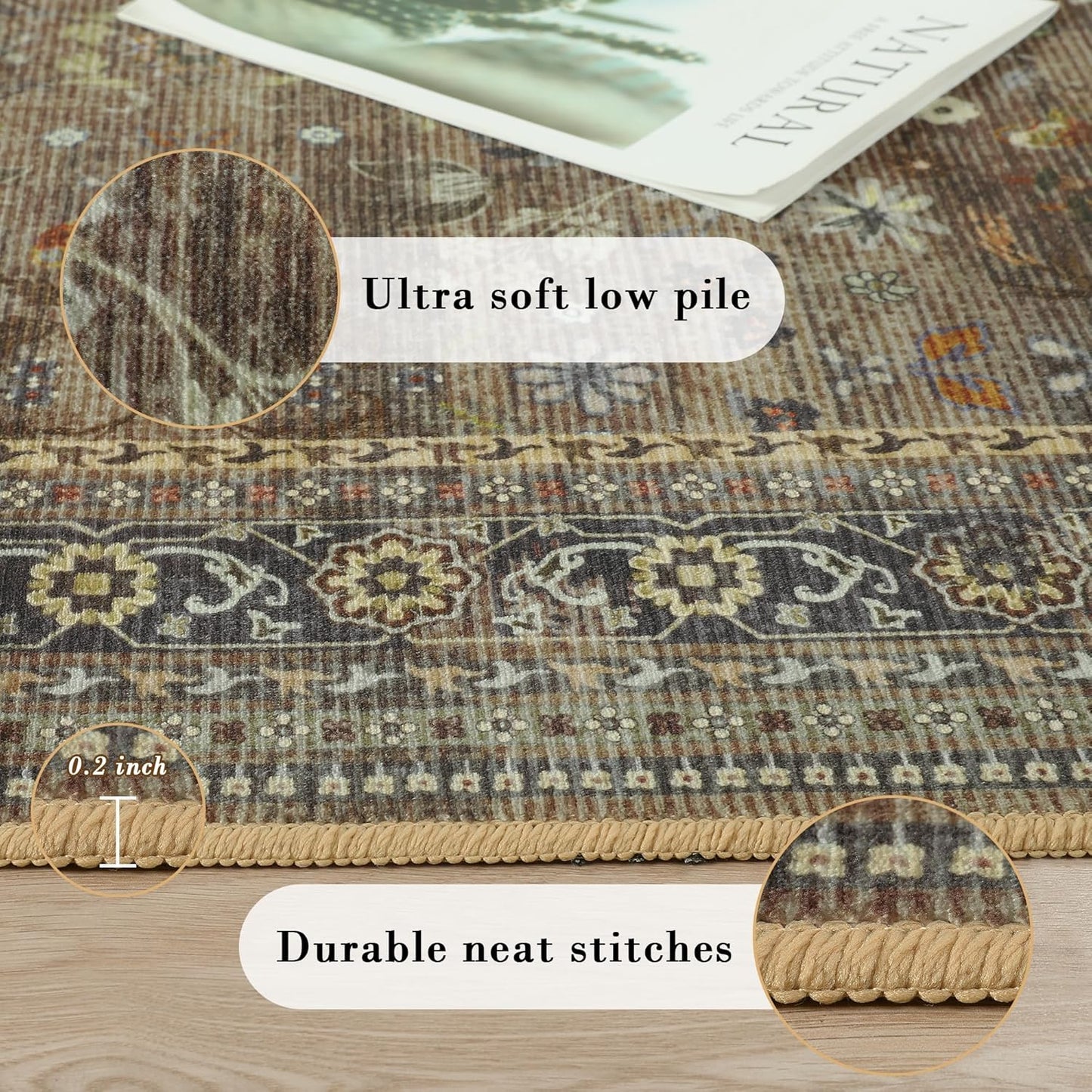 Large 8x10 Washable Area Rug for Living Room, No Shedding Vintage Floral Print Rugs Non Slip, Indoor Foldable Thin Retro Accent Carpet for Bedroom Farmhouse Dining Room Brown/Yellow