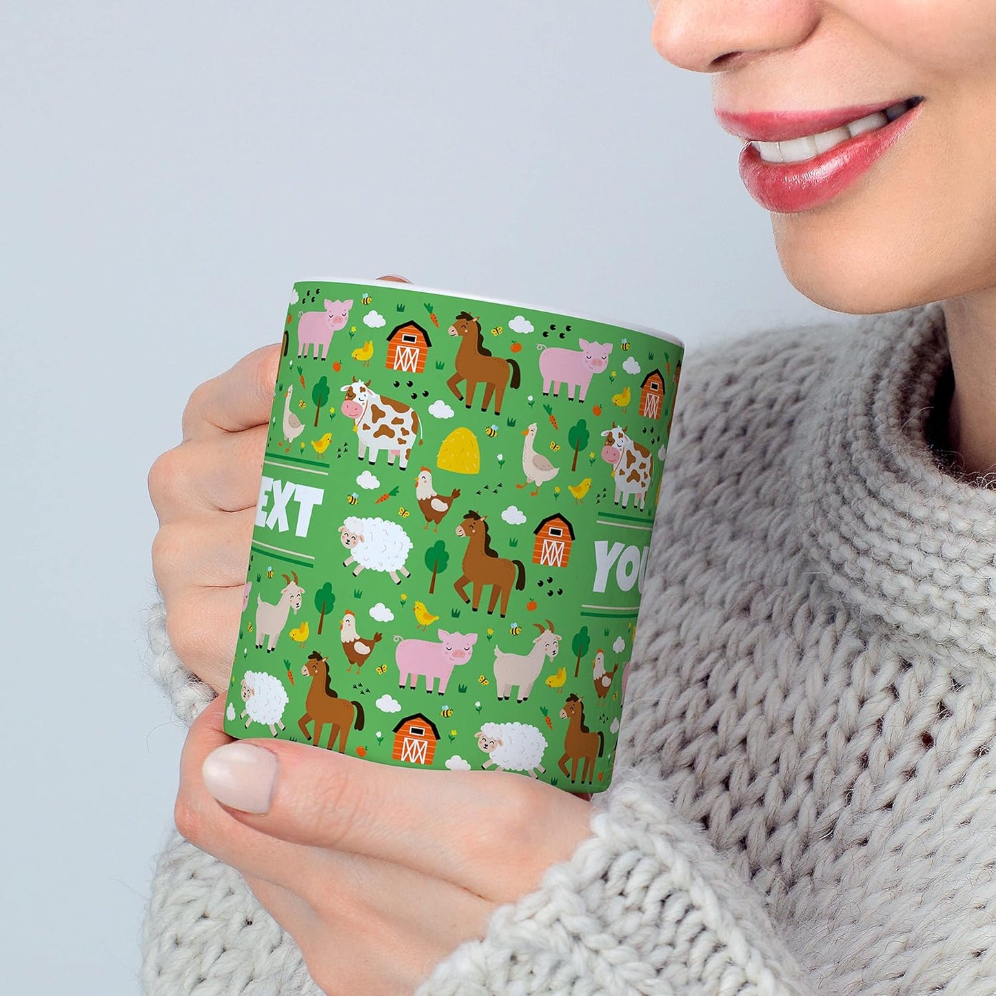 Personalized Mug for Kids - Farm Animals - Custom Name/Text, Ceramic Hot Chocolate/Cocoa/Coffee Cup for Boys/Girls, Birthday/Christmas/Holiday Gift - 15 oz, Red Handle