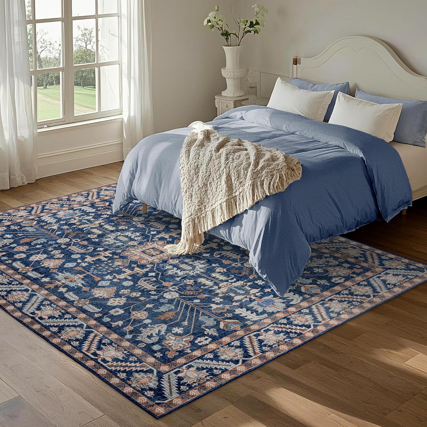 6x9 Area Rugs Washable: Oriental Soft Area Rug for Living Room Bedroom No Shedding - Low Pile Thin Carpet Rug for Dining Room Non Slip - Boho Vintage Rug for Home Decor - Navy Blue