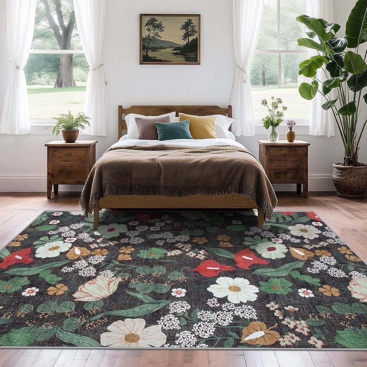 Area Rug Living Room Rugs: 6x9 Washable Rug Vintage Floral Soft Boho Non Slip Carpet Indoor Floor Non Shedding Low Pile Thin Carpets for Bedroom Dining Room Farmhouse Nursery Home Office Green