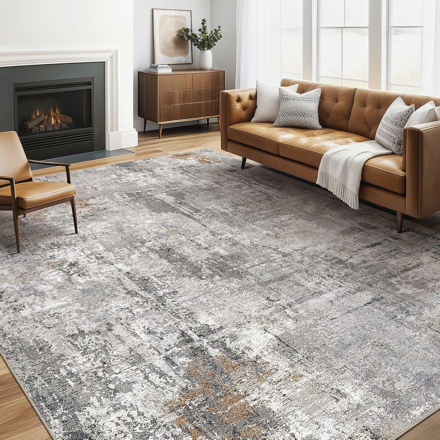 5x7 Area Rugs Washable Rug: Living Room Large Abstract Modern Soft Stain Resistant Indoor Floor Non Slip Accent Carpet for Bedroom Nursery Playroom Dining Room Office Dorm Home- Gray Rust