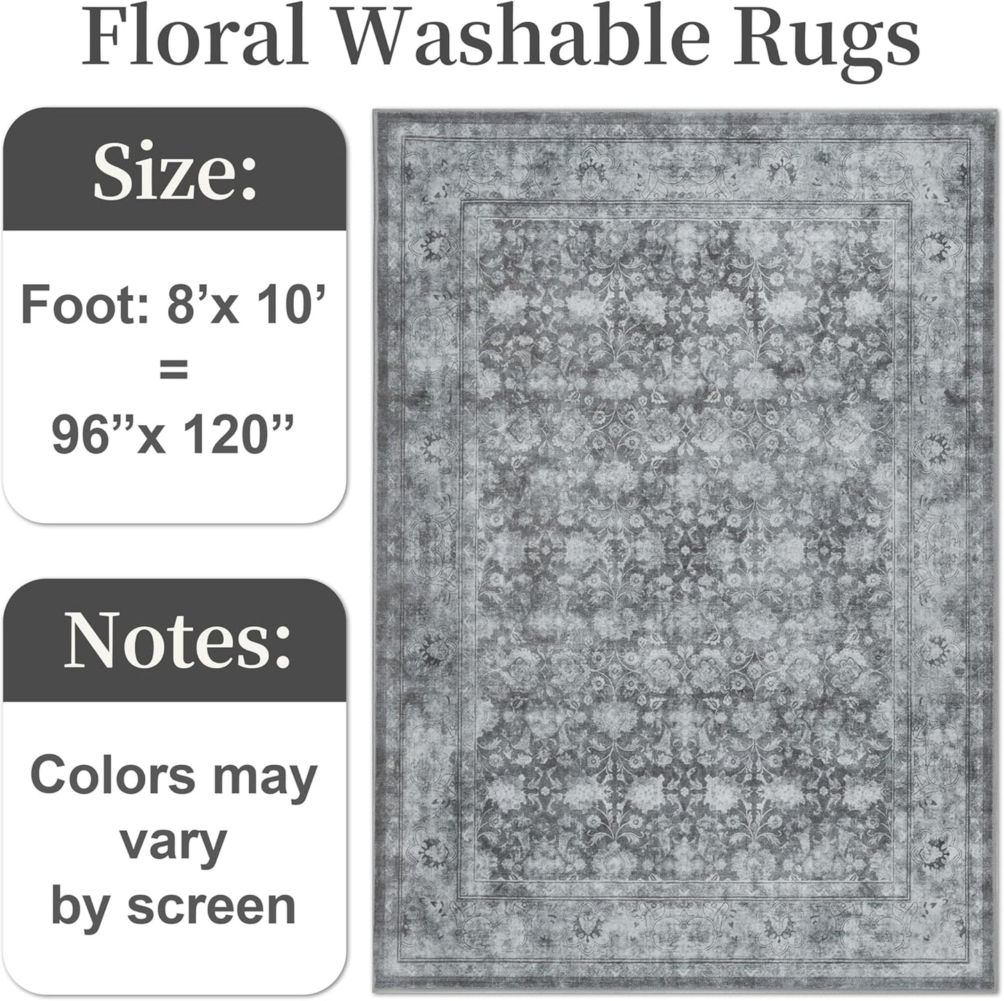 Large 8x10 Washable Area Rug for Living Room, Non Slip Vintage Traditional Rugs for Bedroom, Indoor Thin Accent Floral Nursery Carpet for Dining Room, Farmhouse (Distressed Grey)