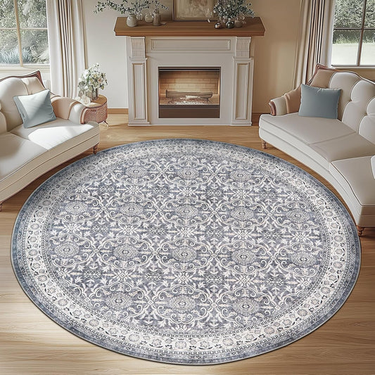 jinchan Round Rug 8ft Washable Circle Soft Rug - Low Pile Vintage 8'Round Indoor Grey Floral Print Stain Resistant Boho Carpet Ultra-Thin Non-Slip for Living Room Bedroom Dining Room Kitchen