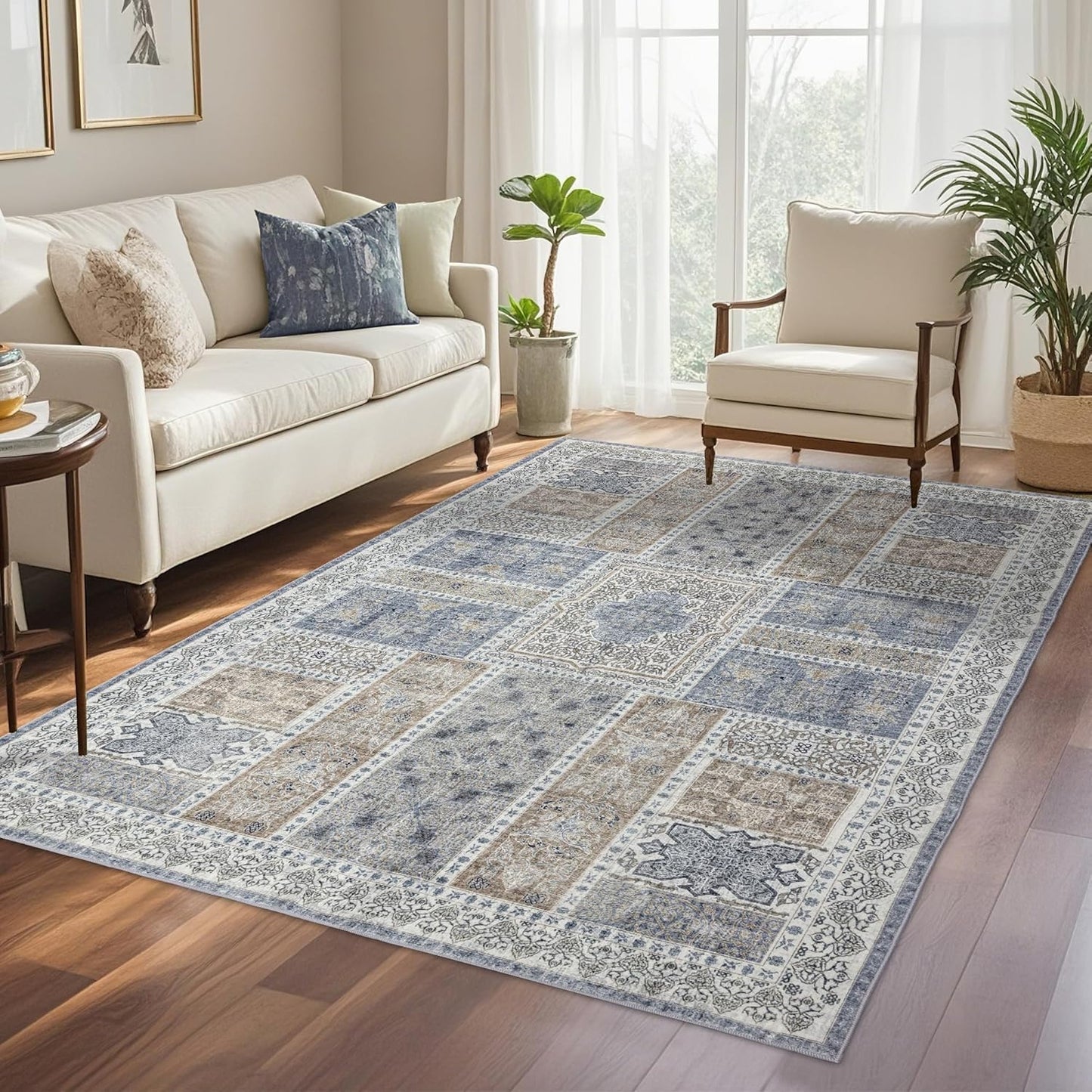 6x9 Area Rugs Washable: Oriental Soft Area Rug for Living Room Bedroom No Shedding - Low Pile Thin Carpet Rug for Dining Room Non Slip - Boho Vintage Rug for Home Decor - Blue Grey