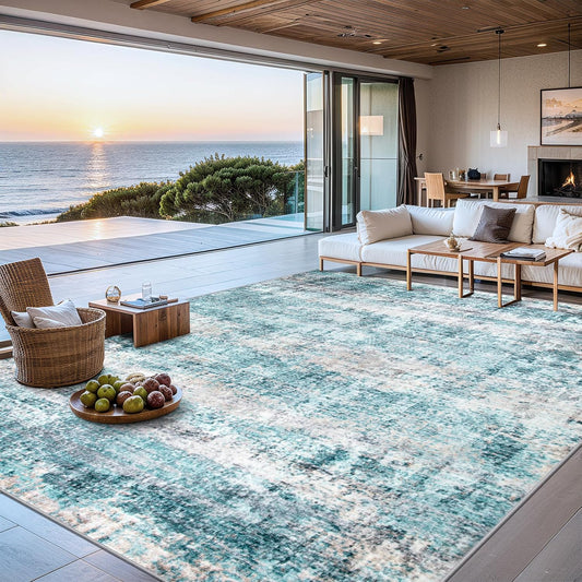 Area Rugs 9x12 Living Room - Washable Rug Modern Abstract Soft Large Neutral Non-Slip Carpet Indoor Floor Thin Carpets for Bedroom Dining Room Farmhouse Nursery Home Office Green