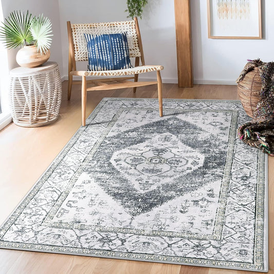 Lahome Boho Washable Rugs for Bedroom - 3x5 Area Rugs for Living Room Throw Non-Slip Thin Entryway Rug Kitchen Rugs Grey Oriental Distressed Print Capet for Office Bathroom Laundry Room Dining Room